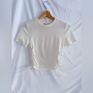 ZARA Ribbed Ruched Side Short Sleeve Tee White Size S